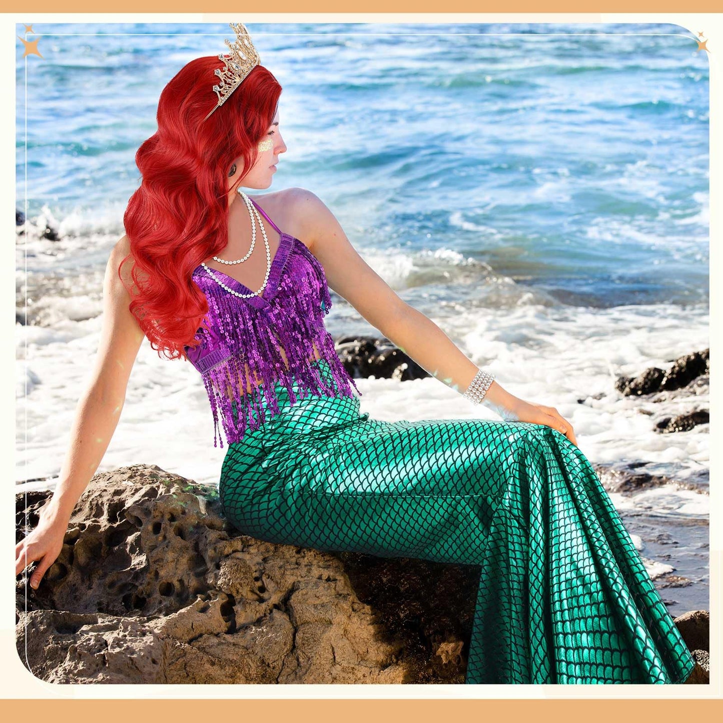 Croknit 8 Pcs Mermaid Costume for Women Halloween Costumes Sparkly Sequins Top Mermaid Skirt Wig Princesses Dress for Adults(Green,X-Large)