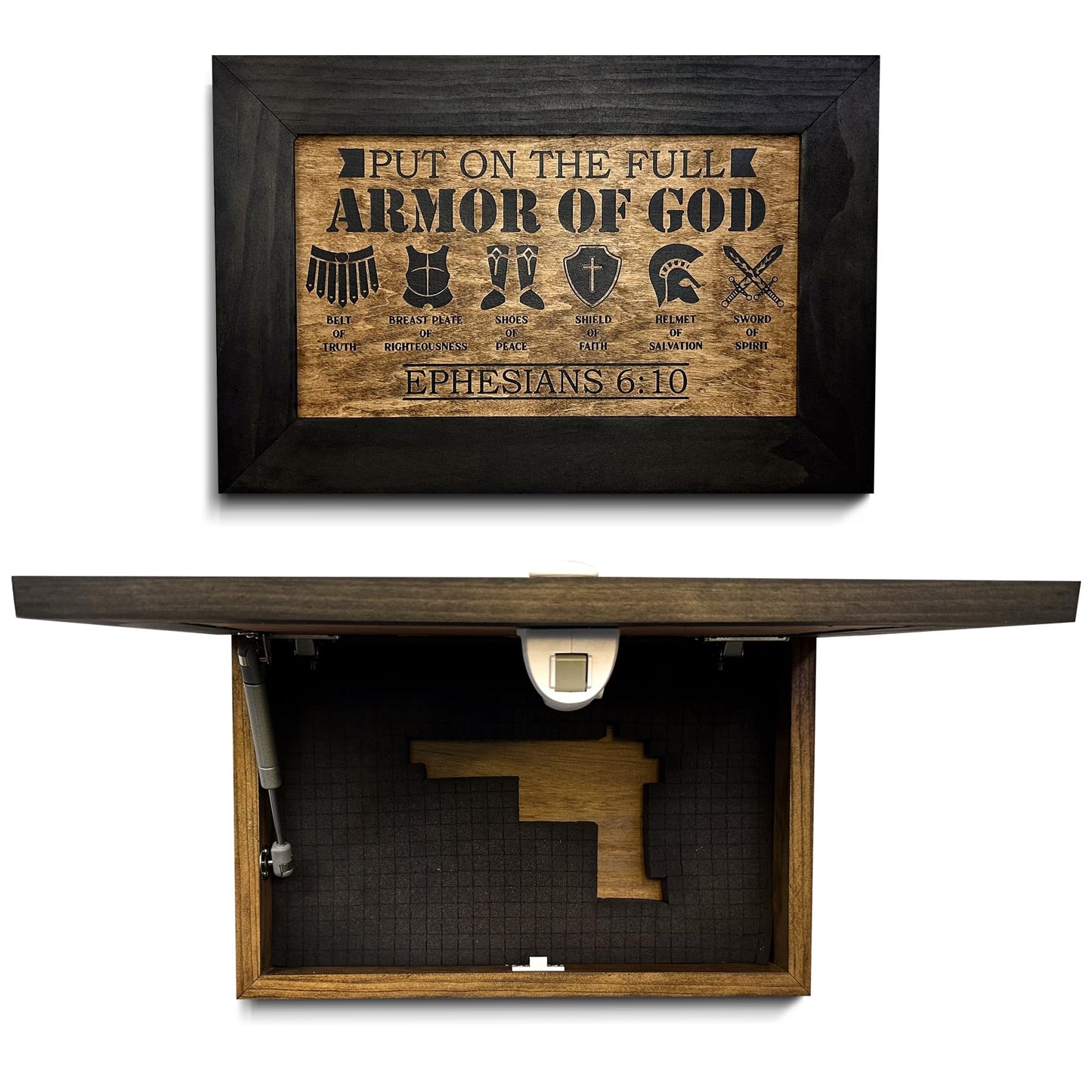 Full Armor of God Wall Gun Safe - Religious Hidden Gun Safe - Handcrafted Concealment Furniture for Guns - Quick Access Firearm Storage with Magnetic Lock - Hidden Shelf Safe by Bellewood Designs