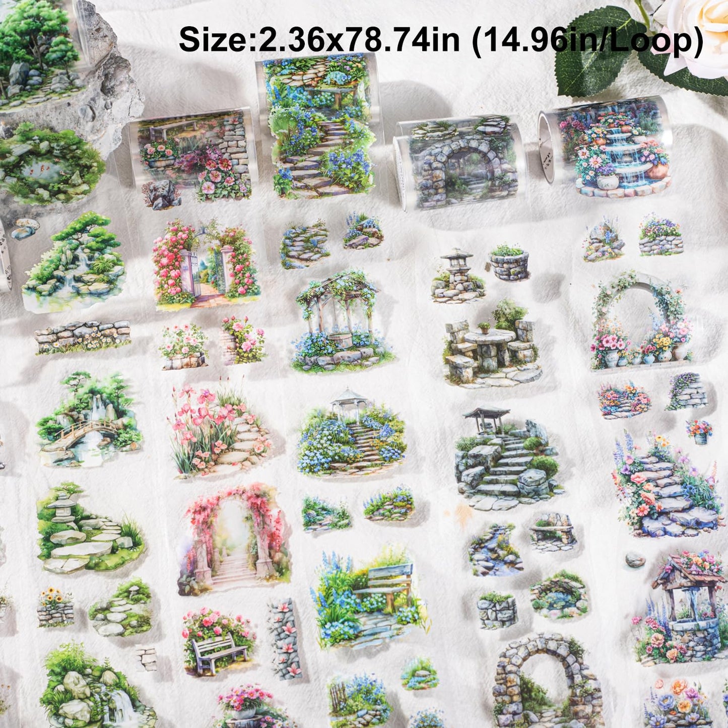 Stone Landscape PET Tape Set, 6 Rolls Pre-Cut Garden Scenery Stickers for Scrapbooking, Journaling, DIY Crafts, and Gift Wrapping