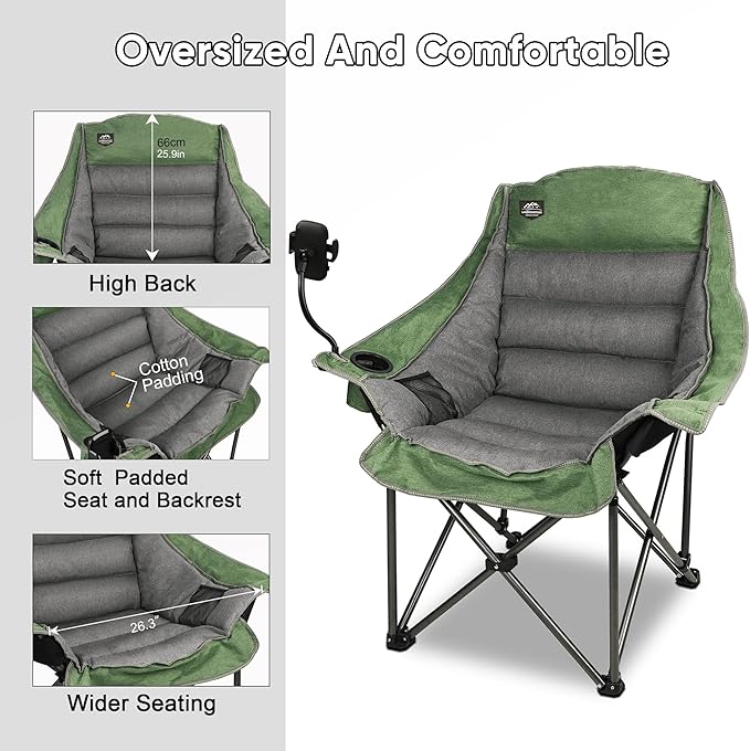 LANMOUNTAIN Oversized XL Folding Camping Chair,Heavy Duty Support 400Lbs,Large Comfy Padded Camp Chair for Adults,Lawn Arm Chair w/Cup Holder,Phone Holder,Carry Bag Perfect for Outdoor (Green)