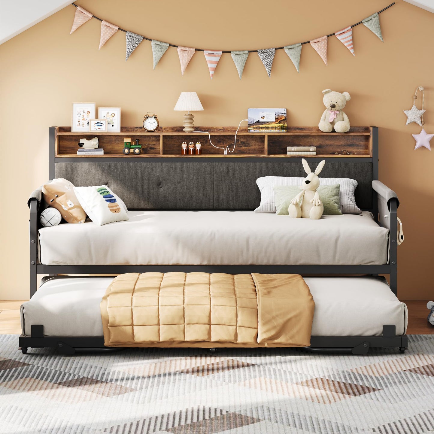 LIKIMIO Daybed with Trundle, Twin Bed Frame with Upholstered Headboard and Charging Station, Sofa Day Bed with Strong Supports for Living Room, Bedroom and Guest Room, Black
