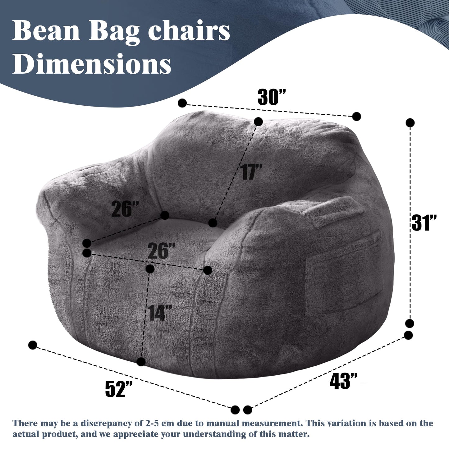 Thoustars Large Bean Bag Chairs for Adults - Oversized Memory Foam Filled Bean Bag Sofa | Fluffy Adult Bean Bag Chair, Big Bean Bag Chairs for Living Room, Bedroom & Dorm - Dark Gray