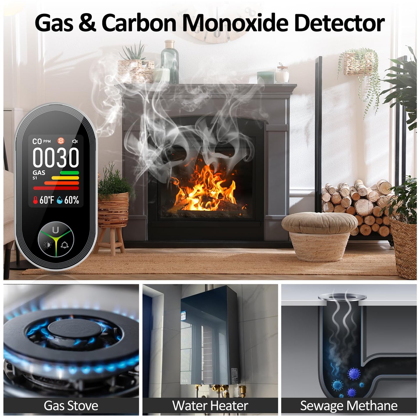 4-in-1 Carbon Monoxide Detectors & Natural Gas Leak Detector Plug in, Combination CO Detector & Combustible Gas, LPG, Methane, Propane Alarm with Fahrenheit(°F) & Humidity(2 Pack)