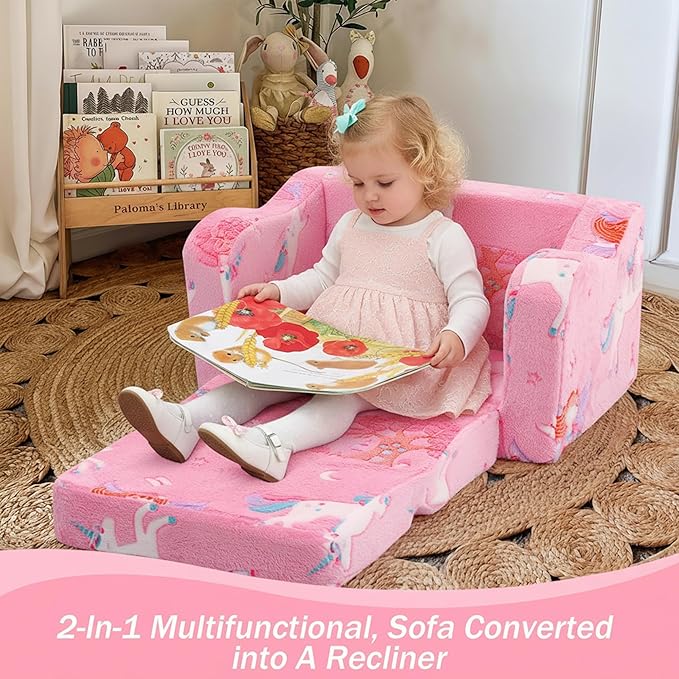 MeMoreCool Folding Toddler Chair, Glow-in-The-Dark Soft Plush Kids Fold-Out Couch Sofa, Comfy Baby Recliner for Girls and Boys (Pink Fairy)