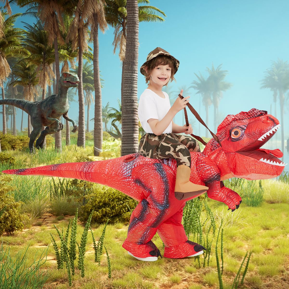 COMIN Inflatable Dinosaur Costume Kids, Red T Rex Dinosaur Blow Up Costume Riding on Dino Halloween Costumes Funny for Family Party 48"