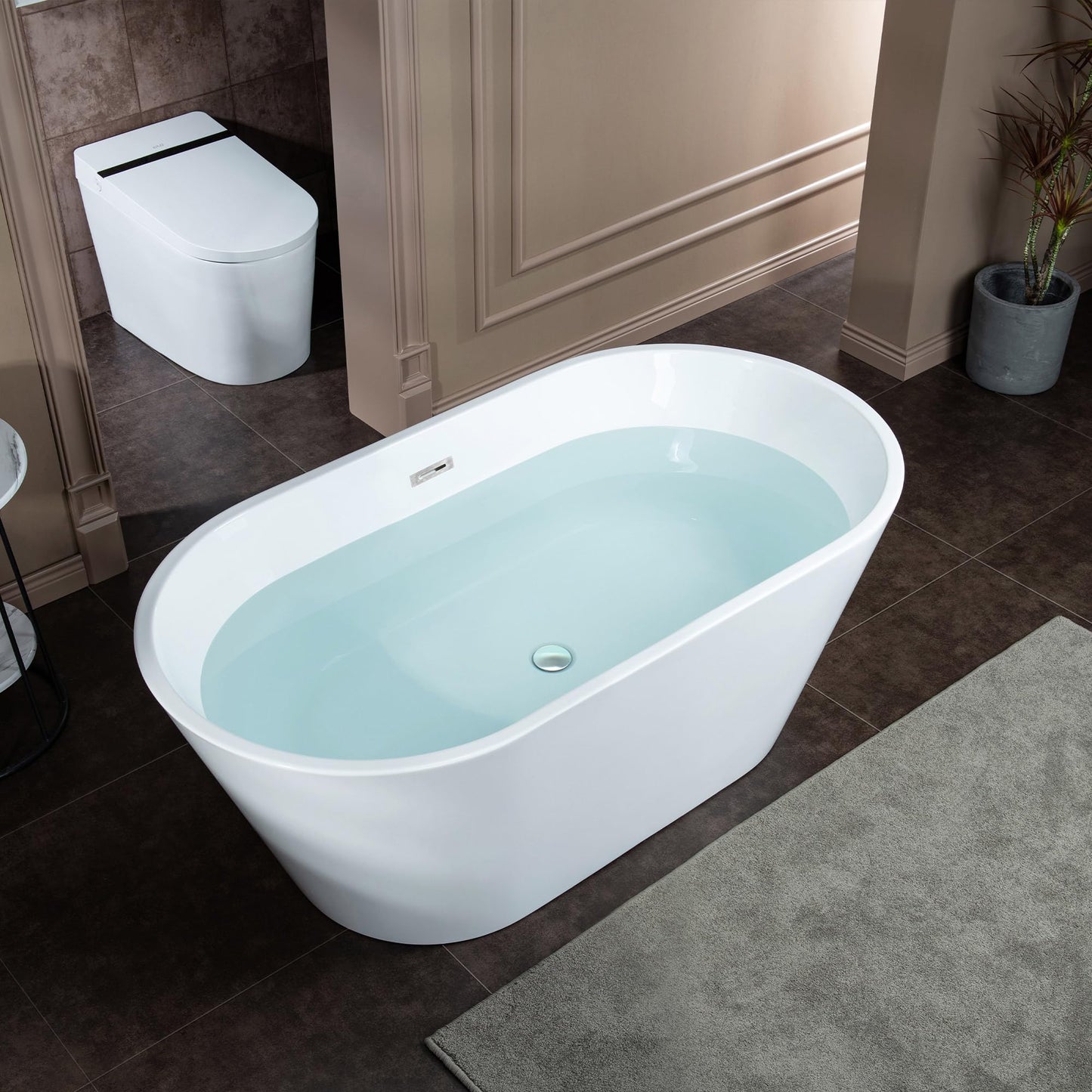 WOODBRIDGE 59" Acrylic Freestanding Bathtub Contemporary Soaking White Tub with Chrome Overflow and Drain