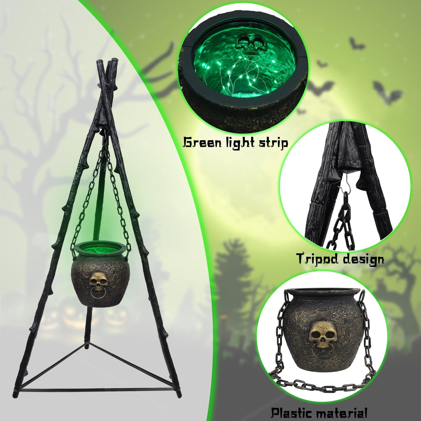 DR.DUDU Halloween Decorations Outdoor - 4.6FT Large Witches Cauldron with Tripod & Green LED Lights, Hocus Pocus Scary Outside Decor for Yard, Porch, Party, Haunted House Props & Candy Bowl