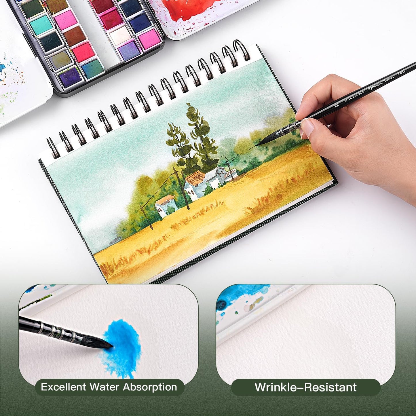 Watercolor Paper Pad, Fuumuui 5.5 * 8.5 inch 100% Cotton Paper (20 Sheets, 140lb/300g), Spiral Bound for Painting, Drawing, Art Journaling, Professional Artist Quality