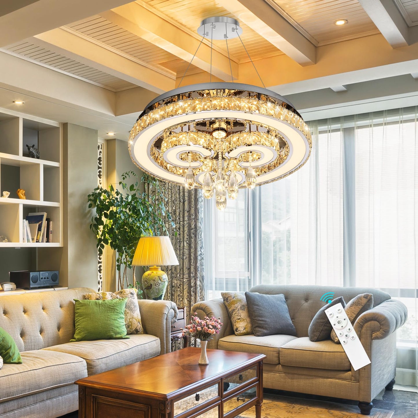 HAIXIANG Modern Glam Chandelier LED Crystal Light Interior Luxury Ceiling Chandeliers Remote Dimmable Lights Fixture 24 Inches Silver Light