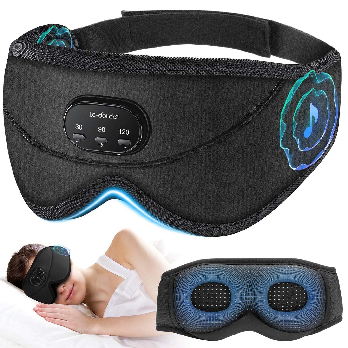 LC-dolida White Noise Sleep Mask, 3D Sleep Headphones with 16 Soothing Sounds, Bluetooth 5.4 Sleep Eye Mask with Timer, Total Blackout Sleeping Headphones for Side Sleeper(Black)