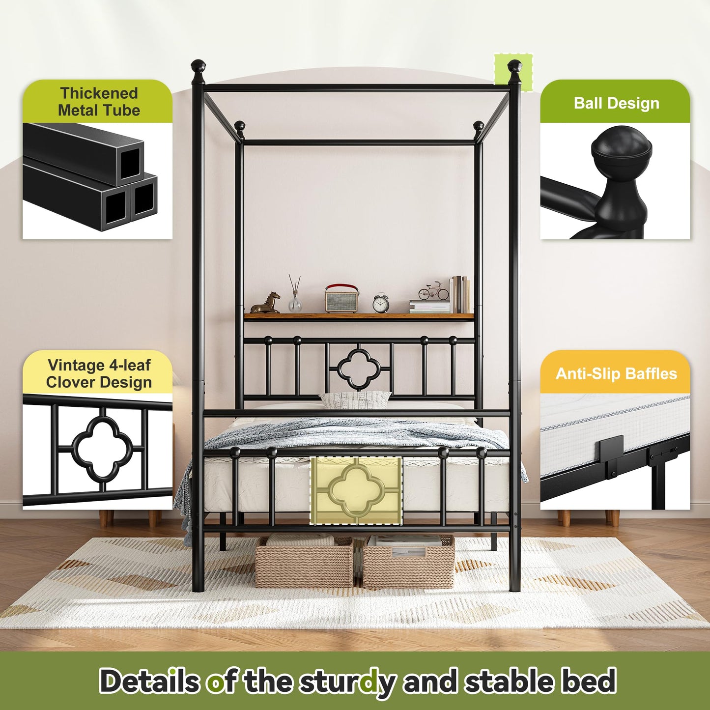 Homkdom Canopy Bed Frame with Storage Headboard, Twin Size Bed Frame with 4 Removable Posts, Sturdy Metal Platform with Under-Bed Storage, Dual Purpose Bed Frame, No Box Spring Needed, Black