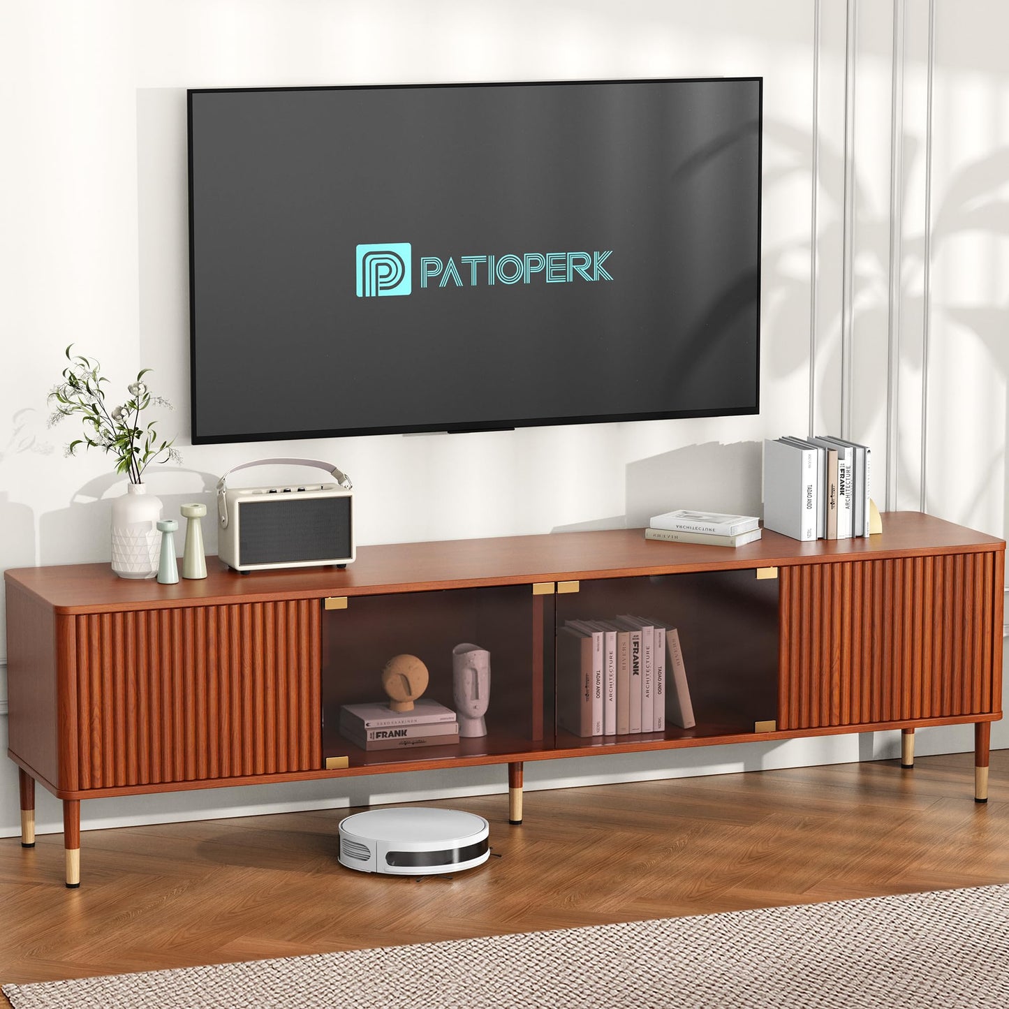 PatioPerk TV Stand for 55 65 Inch TV – Modern Entertainment Center with 4 Storage Cabinets for Living Room, 70 Inch TV Console with LED Lights and Glass Doors, Walnut Brown