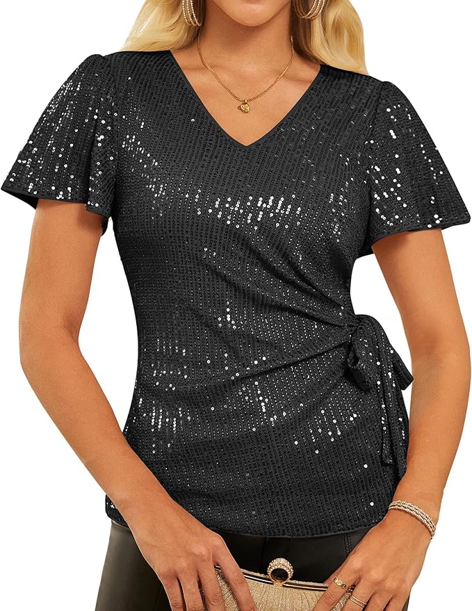 GRACE KARIN Womens Sequin Tops 2025 Ruffle Sleeve Sparkly Shirt, Glitter Party Blouses Dressy Concert Disco Outfits