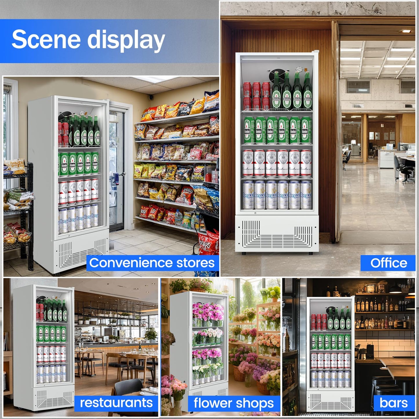 BINGERMA 6.5 Cu.Ft Commercial Beverage Refrigerator Glass Door Upright Drink Cooler Display Fridge with Adjustable Shelves and LED Light for Restaurant Bar Store Office White