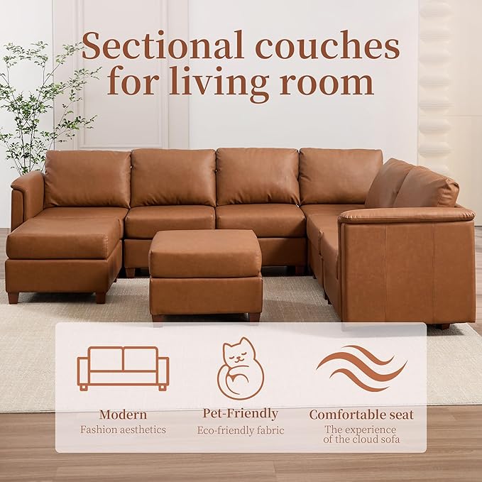 Modular Sectional Sofa,Modern U Shaped Sectional Couches for Living Room,8 Seat PU Leather Deep Seat Sectional Cloud Couch with Storage,Brown