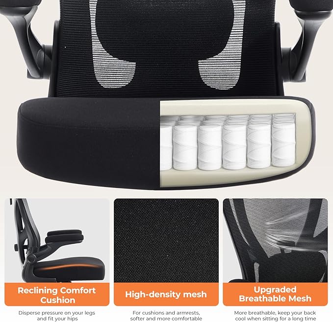 shipborne Office Chair Ergonomic Office Chair with Lumbar Support, Head Support, Rocking Function, FILP-up Armrests, Mesh High Back Chair Home Office Desk Chair, Suitable for Home, Office, Black