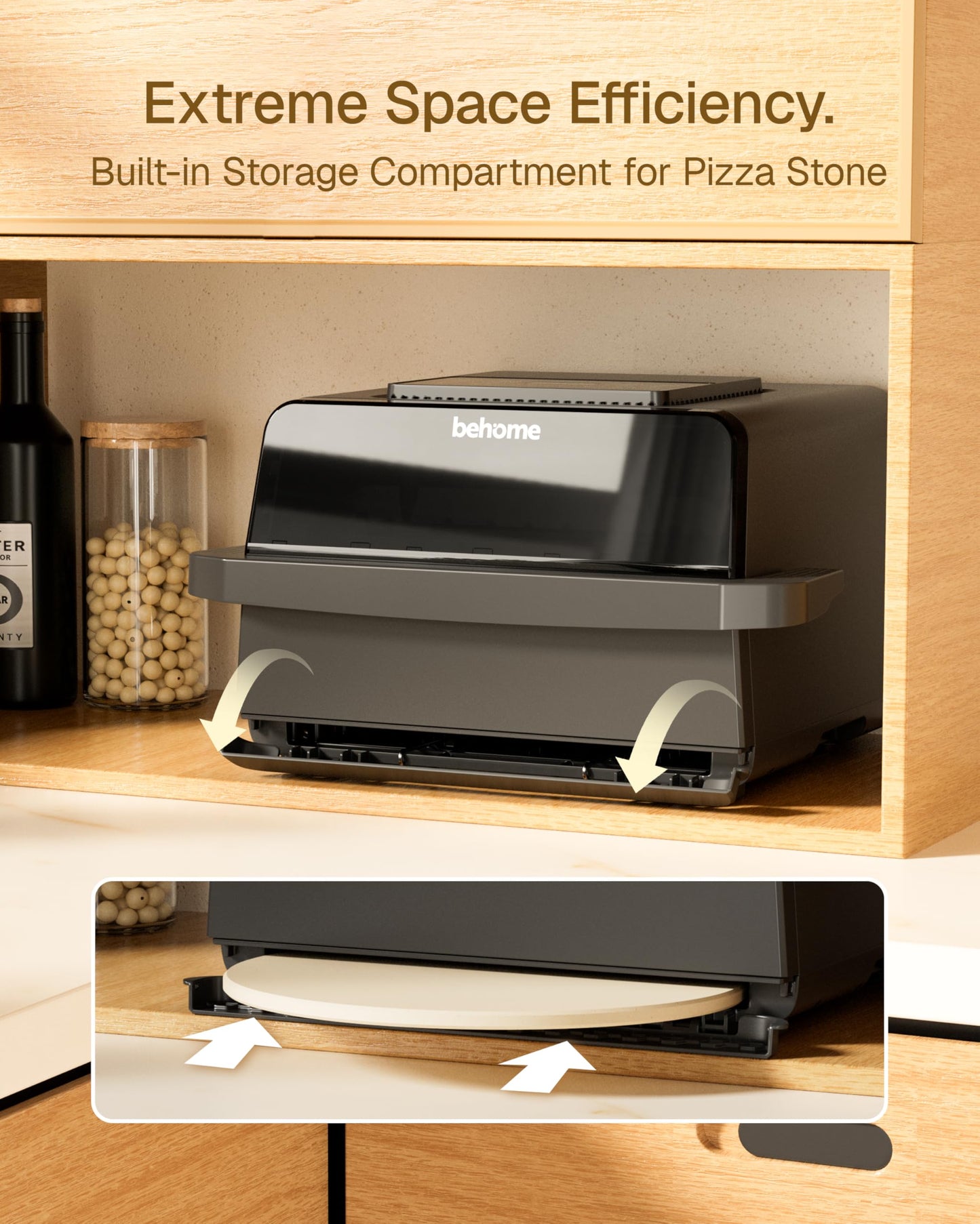 Behome Indoor Pizza Oven & Air Fryer, 6.5 QT Family Size with Pizza Stone, 9 Cooking Preset with Viewing Window &Light, 105°F-450°F Adjustable for Air Fry, Roast, Bake, Dehydrate, Fries, 1700W, Black