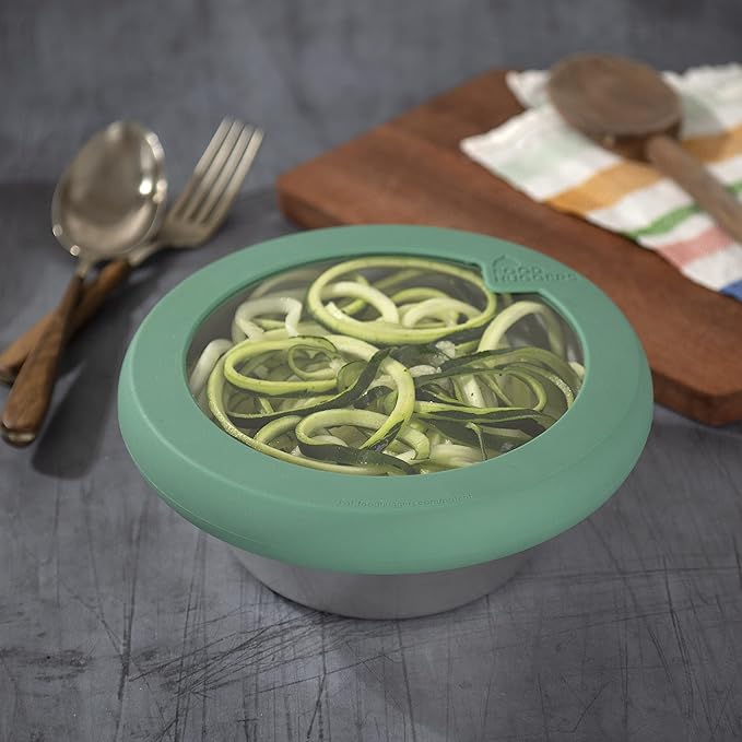 Food Huggers Replacement Lids for Glass Storage Containers | Silicone & Glass Lids that Don’t Crack | Fits Most Round Container Brands & Bowls | 100% Plastic Free | 2 Lid Set (S,M), Gradual Green