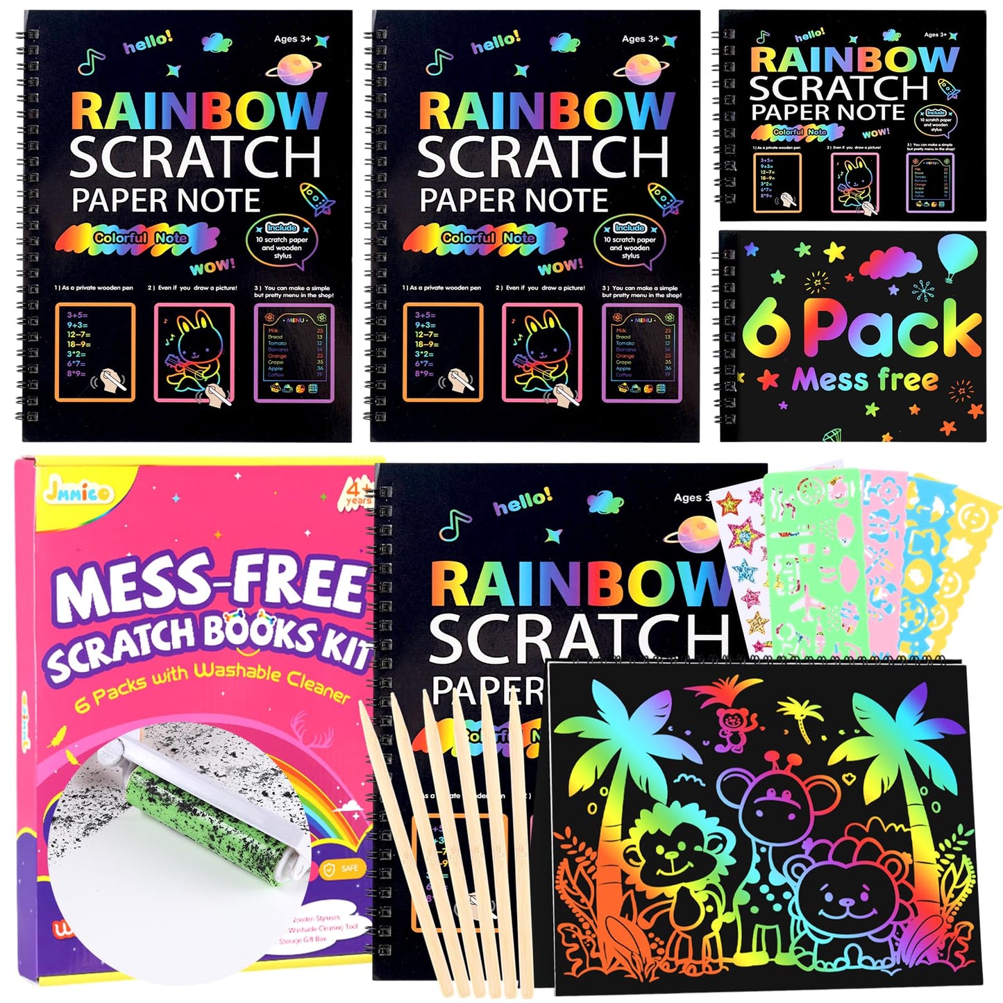 JMMICO Rainbow Scratch Notebook 6 Pack, Scratch Art for Kids with Reusable Cleaner Tool, Mess-Free Crafts for Kids Ages 4-8, Travel, Party, Back to School Gifts for 4 5 6 7 8 9 Year Old Girl Boy