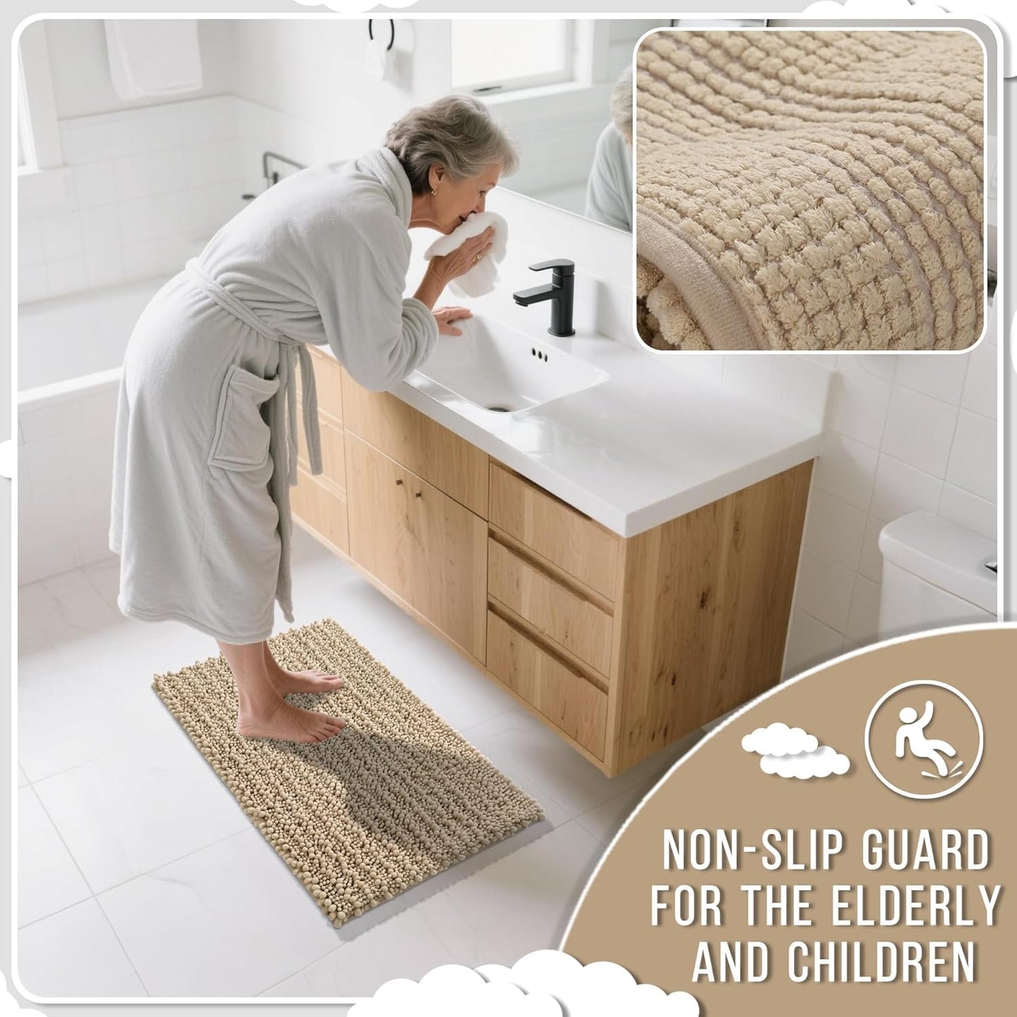 Yimobra Bathroom Runner Rug 70x24 Inch - Extra Long Non Slip Chenille Bath Mat, Soft & Absorbent, Machine Washable Shaggy Hallway Carpet for Vanity Tub Shower, Camel Home Decor Accessories