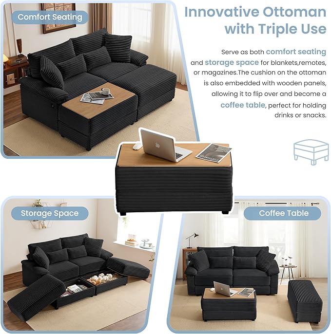 SUNWAVE 74" W Double Chaise Lounge Chair Indoor, Oversized Loveseat with Storage Ottoman, Corduroy Couch with USB Charging, Removable Ottoman, and Coffee Table Cushions for Living Room Bedroom