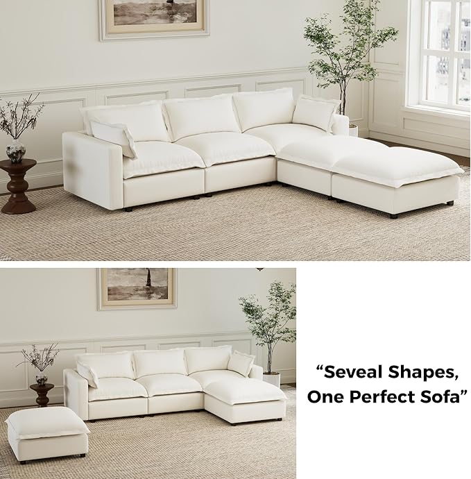 chairus 97" Modular Sectional Sofa with 2 Moveable Ottoman Upholstered Deep Seat Linen Couch Set with Soft Pillows U Shaped Sofa Couch for Living Room, Apartment, Reception Room, 3-Seater/White
