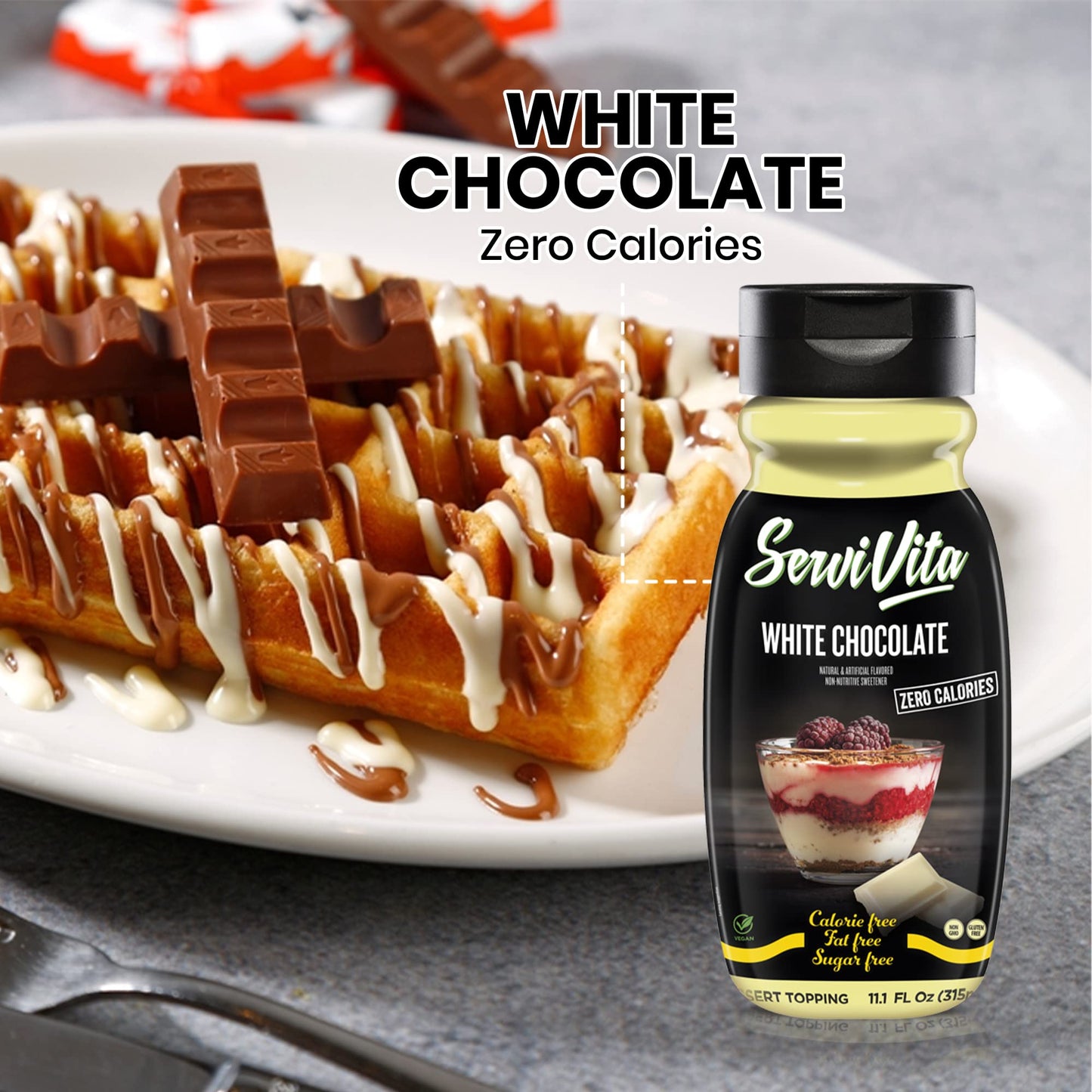 Sugar Free WHITE CHOCOLATE Syrup Zero Calories and Fat Free Topping, 11.1 FL OZ - No Sugar White Chocolate Syrup Dessert Topping Gluten-Free, Non-GMO, Vegan and Keto Friendly - ServiVita