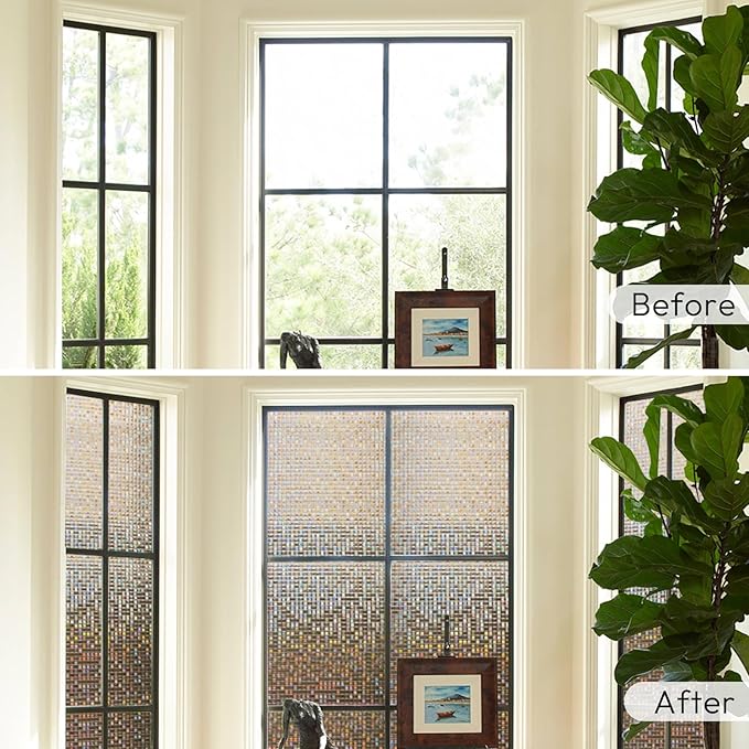 rabbitgoo Window Privacy Film Stained Glass Window Film, Mosaic Rainbow Decorative Glass Cling, Removable Static Cling Tint, Non-Adhesive Privacy Covering for Home, Brown, 17.5 x 118.1 inches