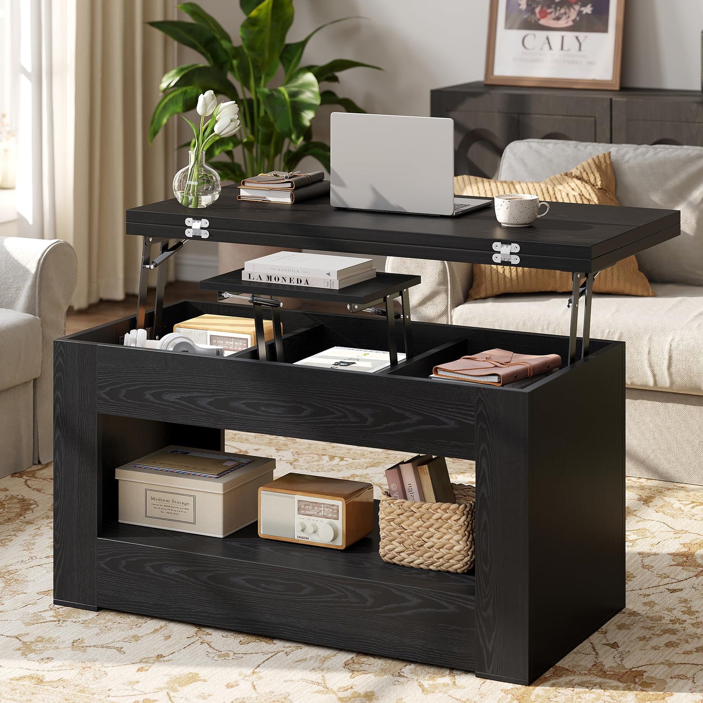UNIQUITE 40" Lift Top Coffee Table, 4 in 1 Multi-Function Lift Coffee Tables with Storage and Hidden Compartment, Convertible Coffee Table to Dining Table for Living Room, Black