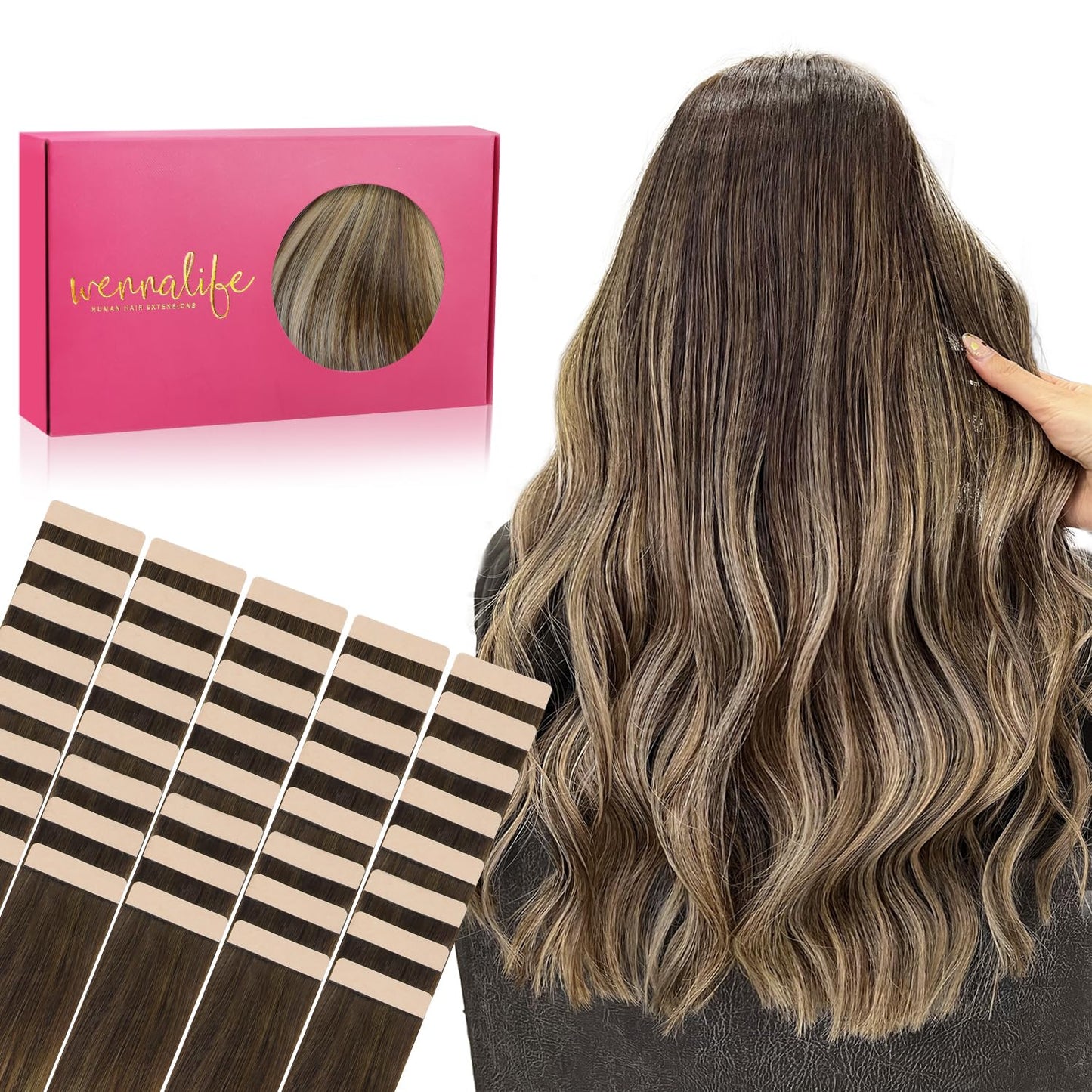Wennalife 40pcs Tape in Hair Extensions Human Hair, 100g 24 inch Balayage Chocolate Brown to Honey Blonde Hair Extensions Real H