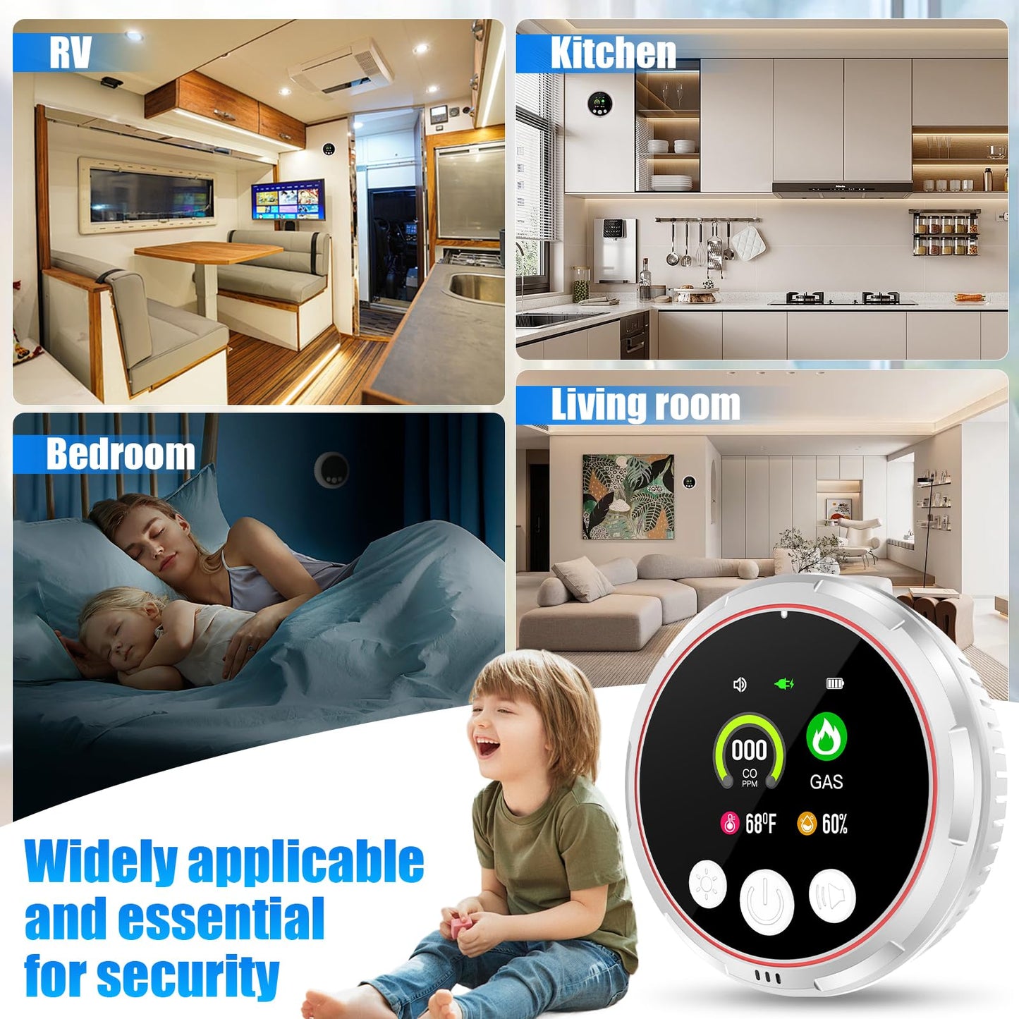 3 Pack 4-in-1 Carbon Monoxide Detectors &Natural Gas Leak Detector, Portable Carbon Monoxide Detectors Plug in & Battery Backup, HD Screen Display
