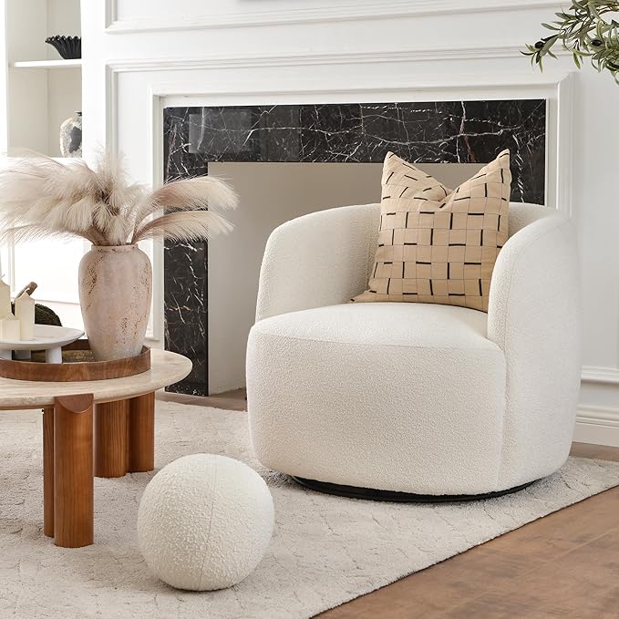 KINWELL 34" Wide Boucle Swivel Barrel Chair, No Assembly Round Upholstered Armchair Accent Chair Single Sofa Chair with Toss Pillow for Living Room and Bedroom, Beige