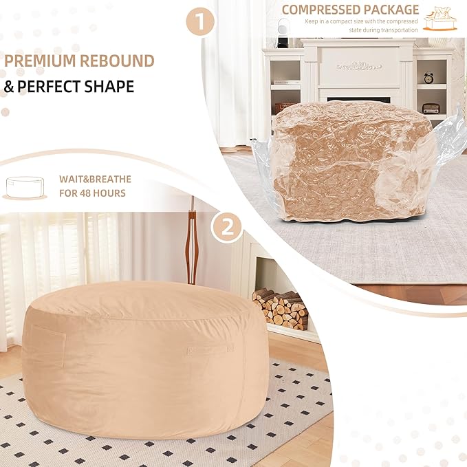 HABUTWAY Bean Bag Chair 3Ft Luxurious Velvet Ultra Soft Fur with High Rebound Memory Foam Bean Bag Chairs for Adults Plush Lazy Sofa with Fluffy Sponge 3' (Khaki)
