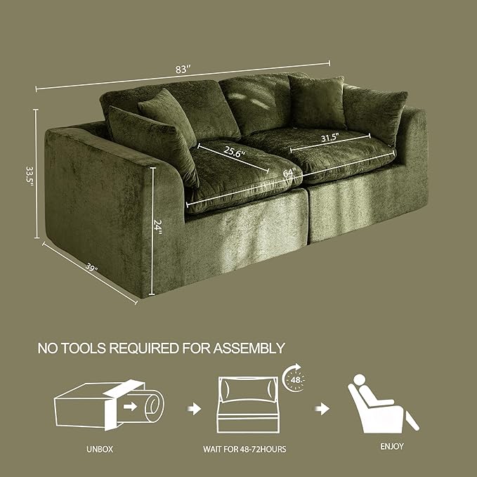 88''Cloud Sectional Couch, Modern L-Shape Sofa, Oversized Convertible 2 Seater Modular Couches for Living Room, Forest Green