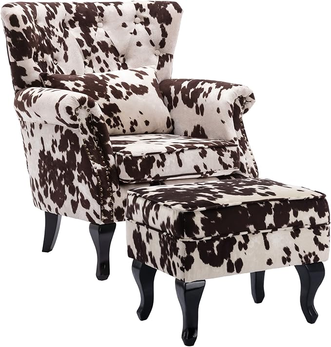 DM Furniture Mid Century Accent Chair with Ottoman Modern Button Tufted Armchair Wingback Club Chair Velvet Single Sofa Lounge Chair with Pillow for Living Room Bedroom, Cowhide Print