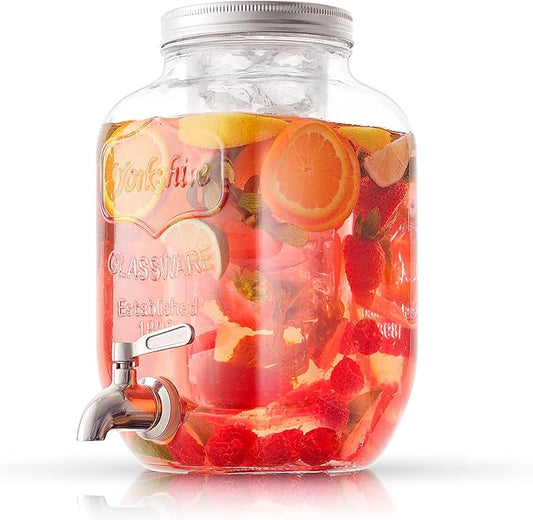 1-Gallon Drink Dispenser. Glass Beverage Dispenser with Stainless steel Spigot plus Ice Cylinder and Fruit Infuser! Water ...