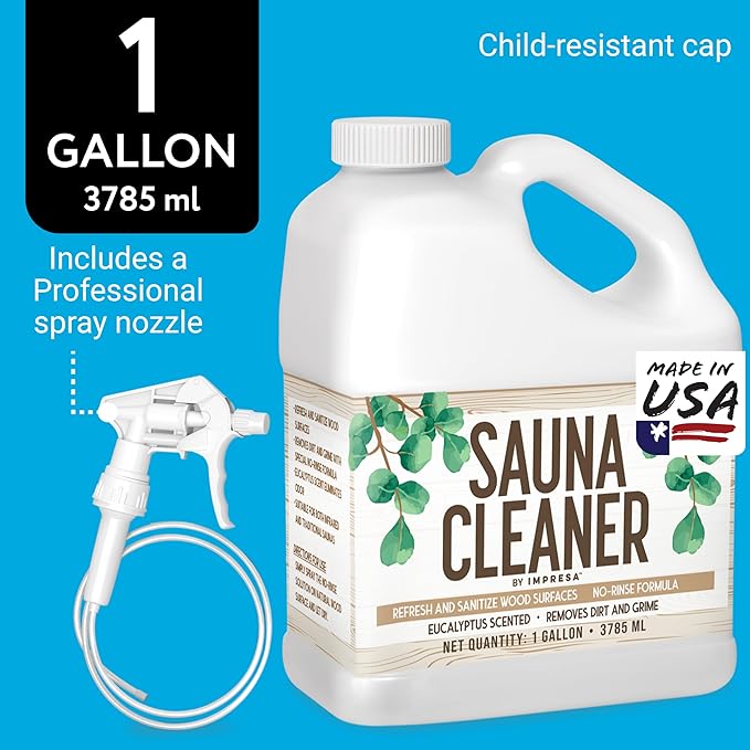 IMPRESA 1gallon Sauna Cleaning Spray – All Purpose Eucalyptus Wood Cleaner Spray for Home Sauna, Spa, Steam Room & Gym – Natural Multipurpose Surface Cleaner Bottle – Gentle Ingredients