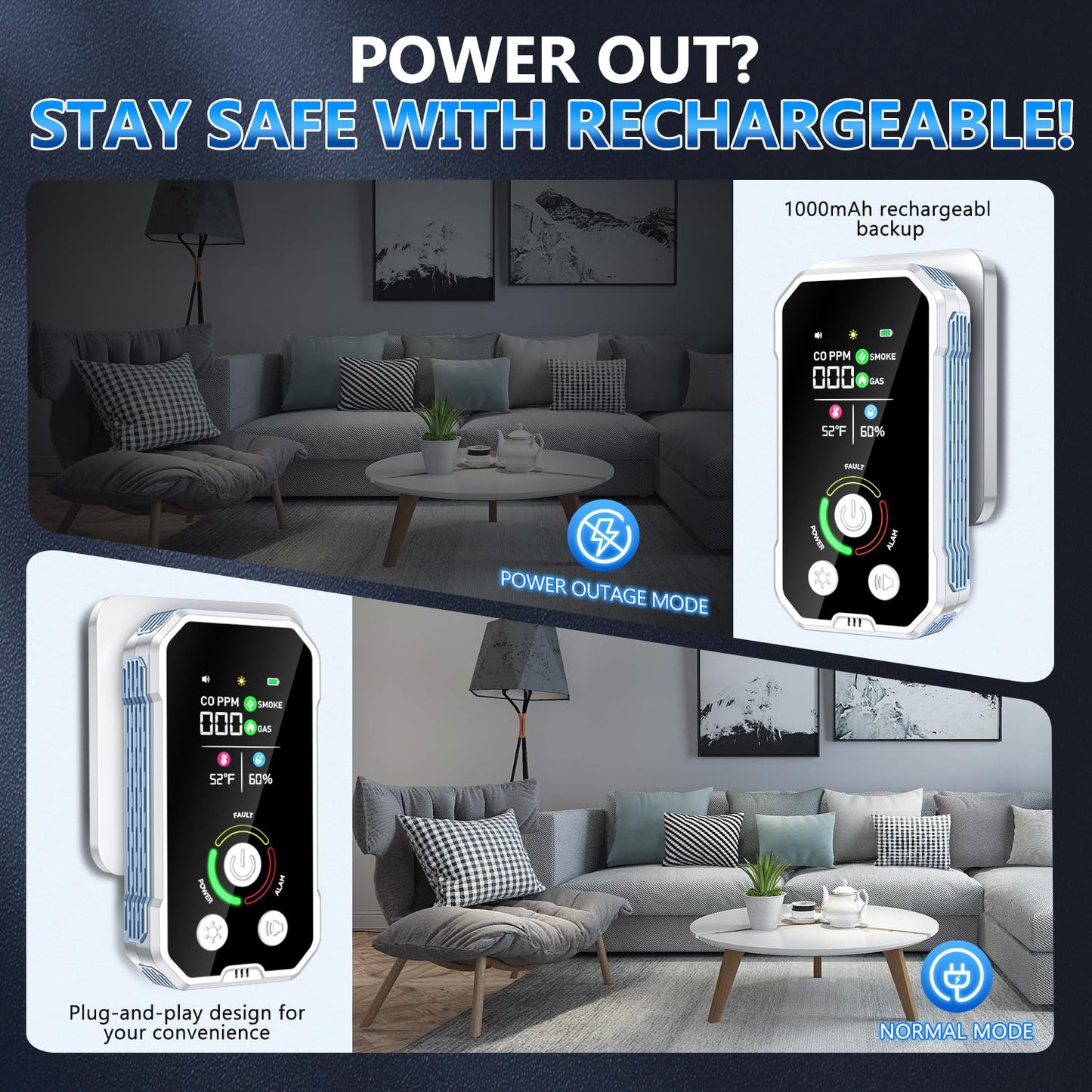 CSCL 5-in-1 Carbon Monoxide Detectors Plug in, Natural Gas & Smoke & Carbon Monoxide Detector with Temperature Humidity Display, Portable CO Detector & Gas Leak Detector for Travel, Home, RV