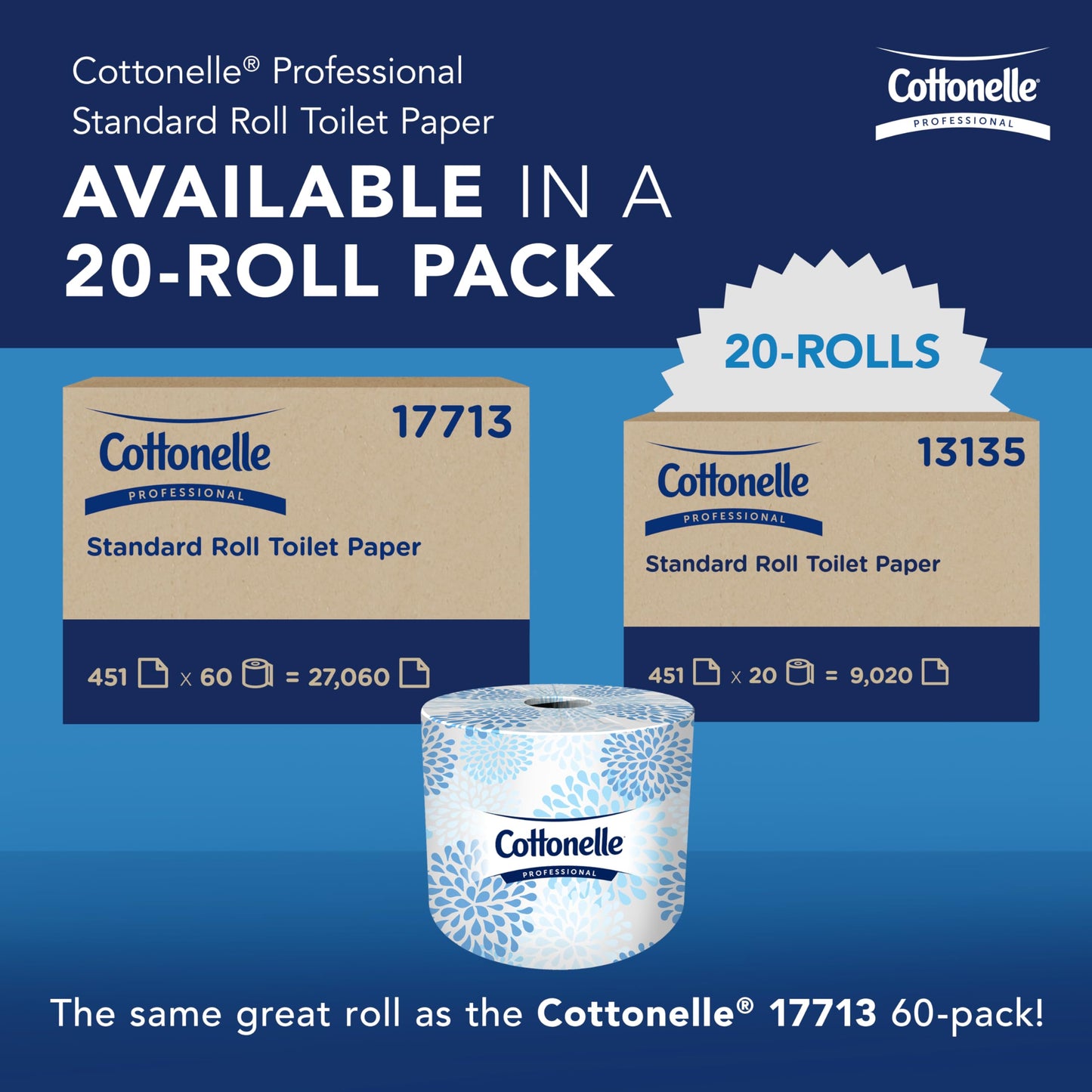 Cottonelle Professional Standard Roll Toilet Paper, Bulk (13135), 2-Ply, White, Compact for Easy Storage (20 Rolls of 451 Sheets, 9,020 Sheet Total)