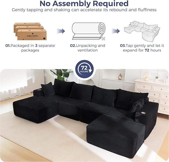 MAXYOYO 132" Giant U-Shaped Modular Sectional Couch, Modern Boneless Couch for Living Room, Sofa in A Box, Oversized Sofa Sleeper with Deep Seat, No Assembly Required, Black