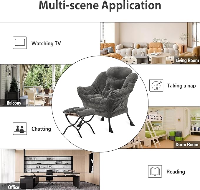 Youtanic Lazy Chair with Folding Ottoman, Accent Chair Plush Upholstered with Metal Structure and Non-Slip Pads, Sofa Armchair with Footrest and Side Storage Bag for Dorm, Room, Office, Dark Gray