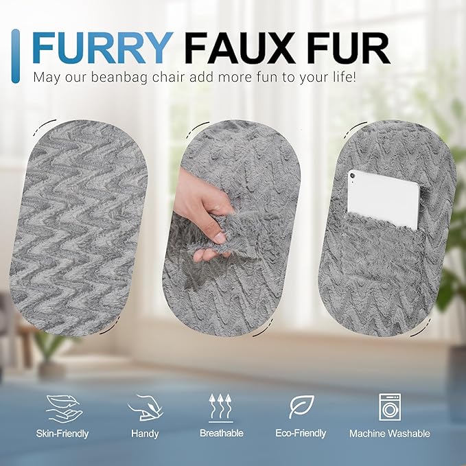 HABUTWAY 4FT Bean Bag Chair,Giant Bean Bag Chairs for Adults,Big Bean Bags with Memory Foam Filled, Large Beanbag Chairs with Chevron Plush Cover-Grey
