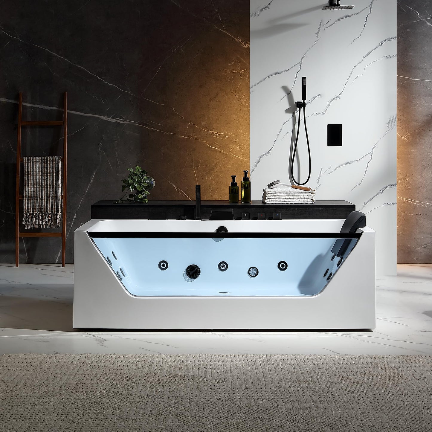 Empava Acrylic Whirlpool Bathtub, 71-Inch Jetted Bathtub with Heater, 10 Jets Hydromassage with Chromatherapy, 3-Side Apron with LED Control Panel, Waterfall, Black Hardware and Nozzles