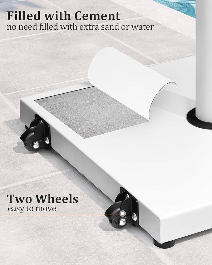 JOINHOM 42lbs Patio Umbrella Base - Heavy Duty Outdoor Patio Market Umbrella Stand for Deck with Rollers, Poolside, Balcony, Wind-Resistant Design, White