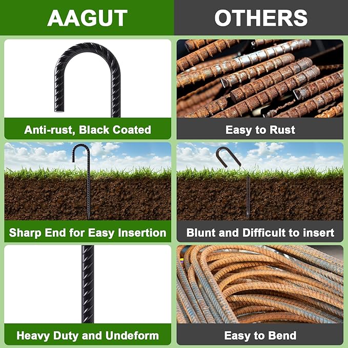 AAGUT Rebar Stakes 16 Inch Heavy Duty 1/2 Inch Diameter J Hook, 16 Pack Black Coated Ground Anchors Chain Link Fence Stakes with Chisel Point End for Large Canopies, Outdoor Inflatables, Swing Set