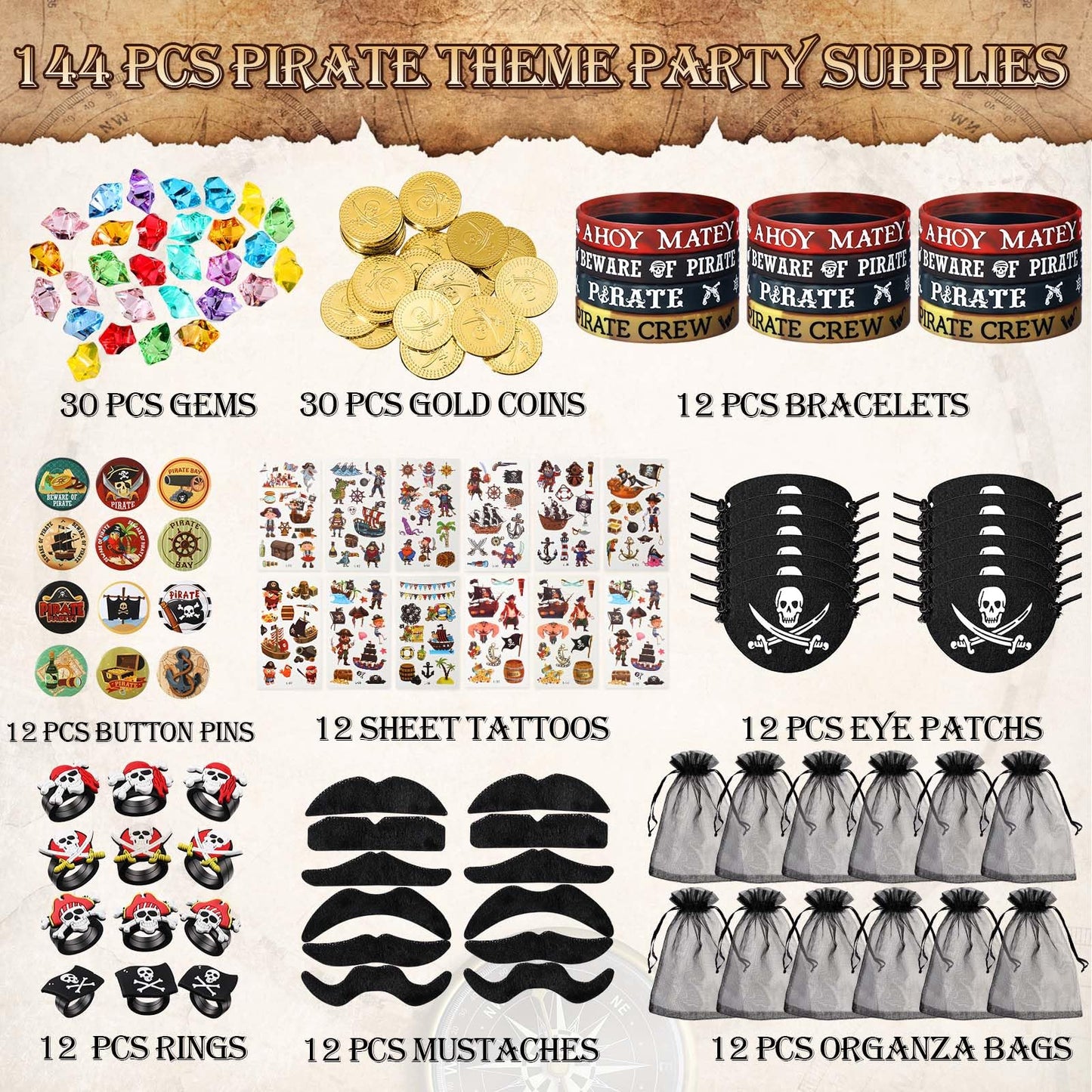 Harrycle 144 Pcs Pirate Party Favors Supplies Include Pirate Bracelet Nautical Tattoo Button Pin Eye Patch Gold Coin Gem Ring Mustache Organza Bag for Kids Boy Pirate Birthday Party Goodie Bag Fillers