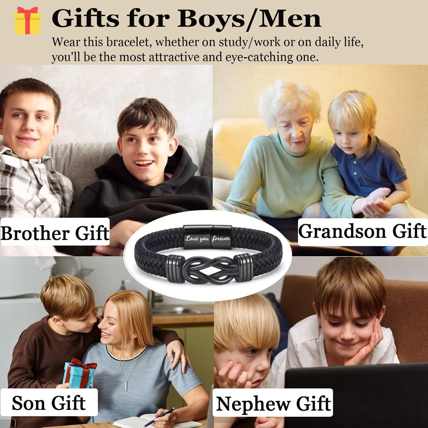 OAVOOK Gifts for Brother from Sister Infinity Leather Knot Bracelets for Teen Boys Braided Cuff Jewelry for Birthday, Christmas, Back to School