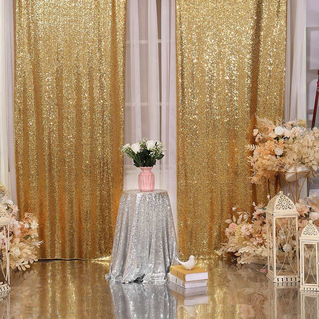Poise3EHome 2Pcs 3Ft x 8Ft Gold Sequin Backdrop Curtain, Glitter Photography Background, Sequence Xmas Thanksgiving Backdrop for Wedding Party Holiday Festival Decor