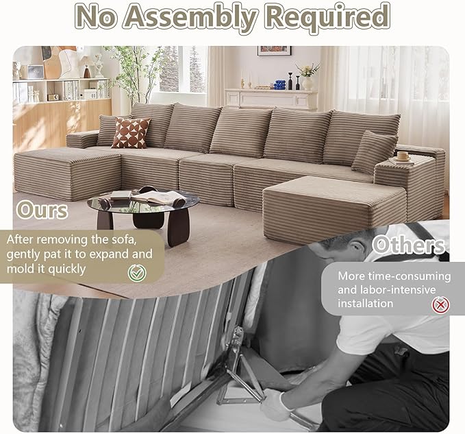 167.7" Sectional Cloud Couch for Living Room, Modular Floor Deep-Seat Sofa, Big Comfy Corduroy Couches Set with Fluffy Memory Foam, Stupendous U Shaped Sofas, No Assembly Required, Camel