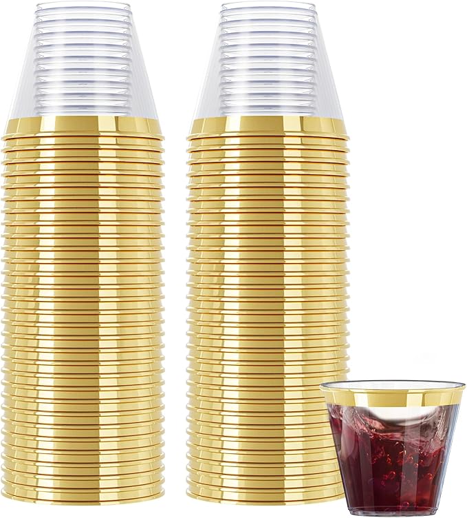 R-kay 100 Pack Gold Plastic Cups For Party - Plastic Cups 9 oz - Party Cups Disposable - Premium Heavy Duty Gold Cups - Di...